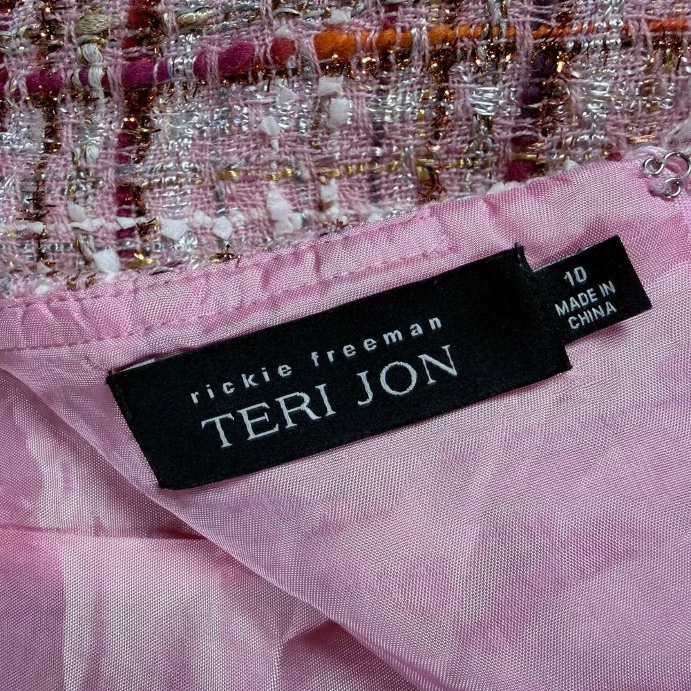 Rickie‎ Freeman Teri Jon Pink Tweed Wool Blend Plaid Fringe Bow Pencil Skirt 10